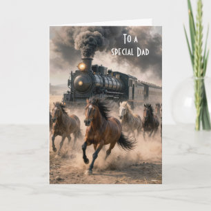 Cartão Mustangs Selvagens Correndo ao Lado de Trem Antigo