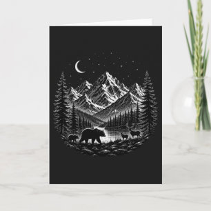 Cartão Mystic Mountain Wilderness Night Linocut Estilo