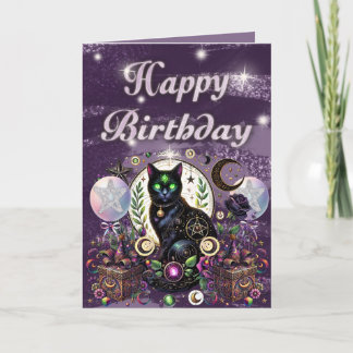 Cartão Mystical Black Cat Witchy Birthday Tema Celestial