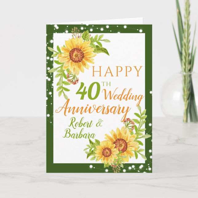 Cartão Na moda 40º Aniversário de Casamento Floral Girass (Frente)