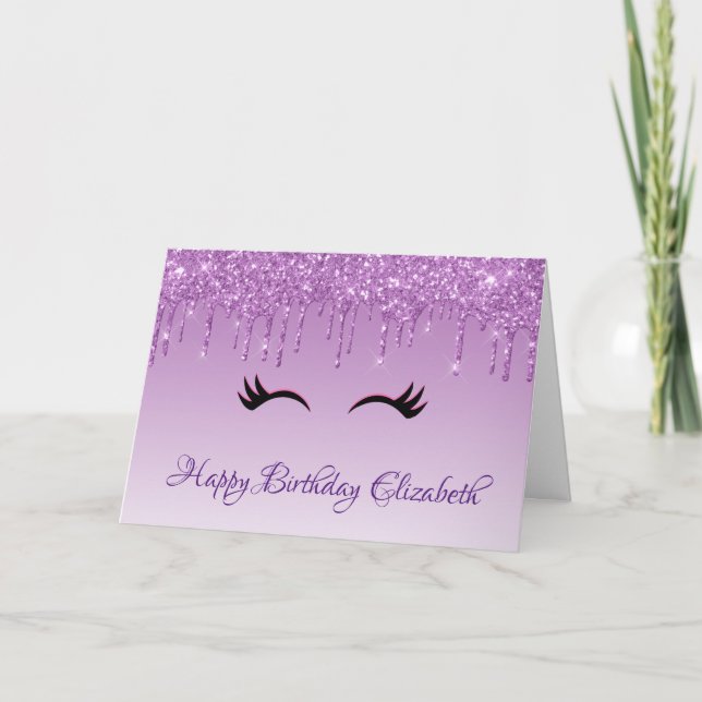 Cartão Na moda Black Eyelashes & Purple Glitter Birday (Frente)
