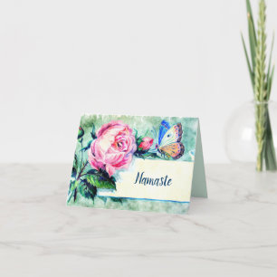 Cartão Namaste Obrigado Aquarela Flor Borboleta
