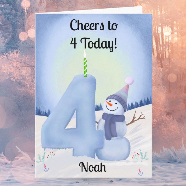 Cartão Name 4th Birthday Snowman with Snowy Four (Criador carregado)