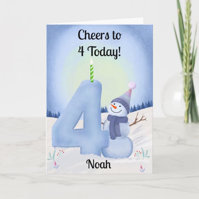 Cartão Name 4th Birthday Snowman with Snowy Four (Frente)