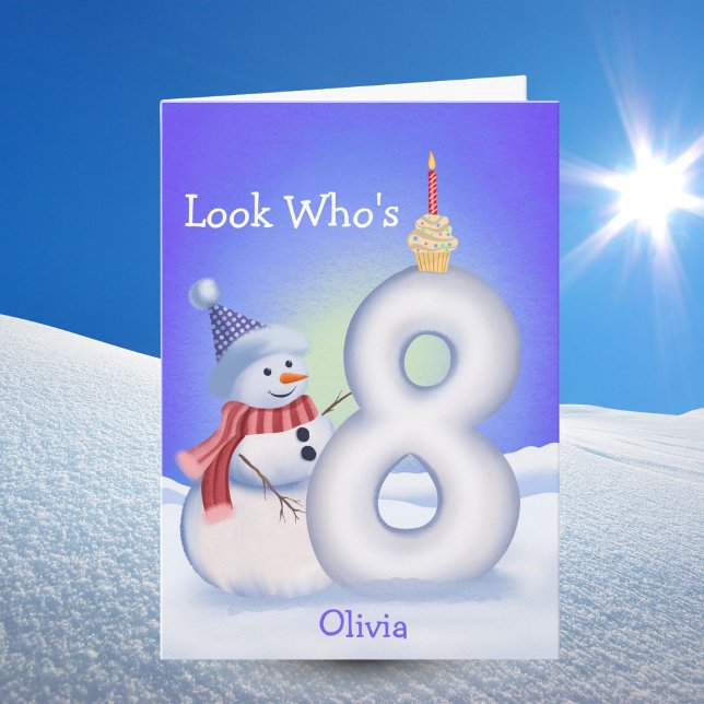 Cartão Name 8th Birthday Snowman Snowy Eight  (Criador carregado)