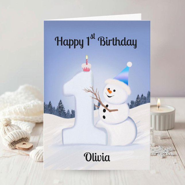 Cartão Name Happy 1st Birthday Snowman Building One (Criador carregado)
