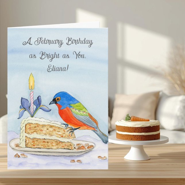 Cartão Name Happy February Birthday Painted Bunting (Criador carregado)