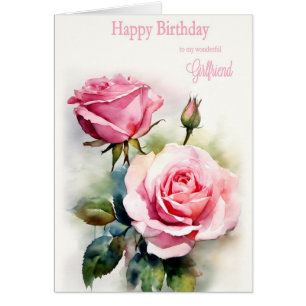 Cartão Namorada Rosas de Aniversário Pintados Aquarela