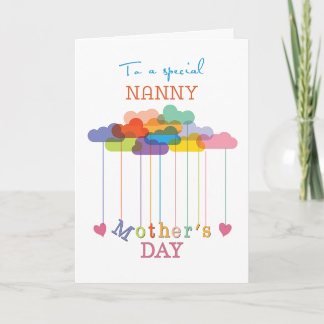 Cartão Nanny, Cute Mother's Day Rainbow Clouds and Hearts (Frente)