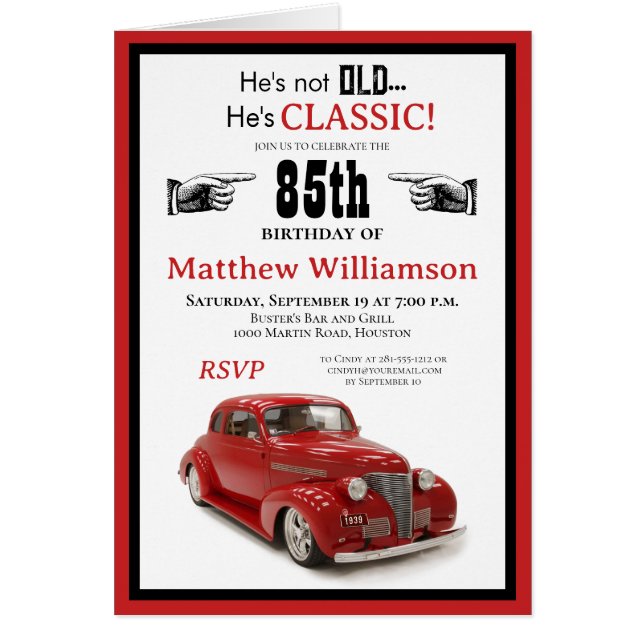 Cartão Não Velho, Clássico Cúpe Vermelho 85º Aniversário  (Frente)