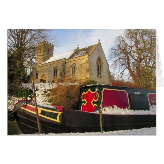 Cartão Narrowboat e igreja na neve (Frente Horizontal)