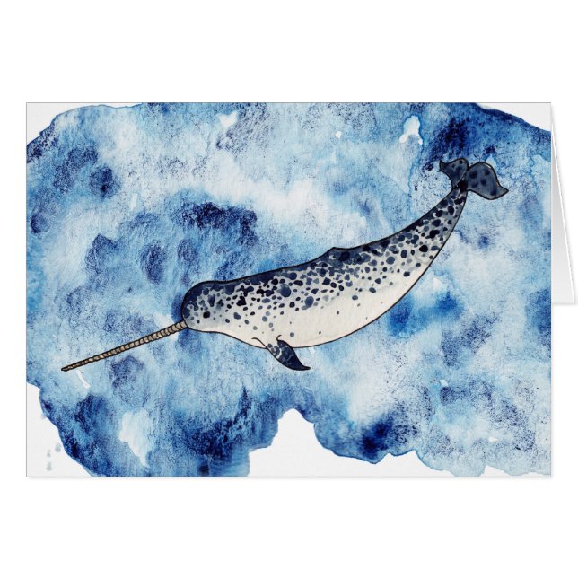 Cartão Narwhal em um respingo do watercolour (Frente Horizontal)