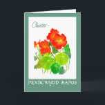 Cartão Nasturtiums Birthday Card: Sister, Welsh Greeting<br><div class="desc">A pretty Birthday Card for a sister with 'Happy Birthday' in Welsh and brilliant red Nasturtiums, from a watercolour painting by Judy Adamson.</div>