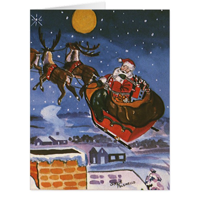 Cartão Natais vintages Papai Noel Voando Sua Altura (Frente)