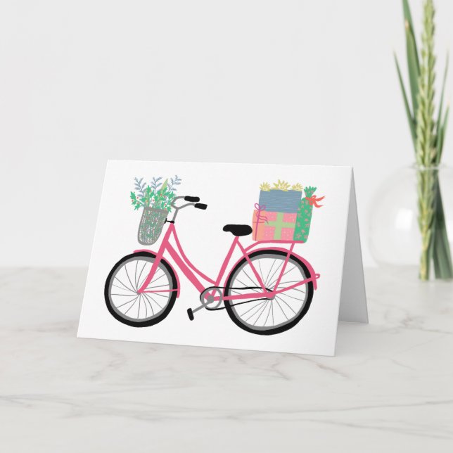 Cartão Natal adorável Bicicleta Feriado Rosa Fresco Fresa (Frente)
