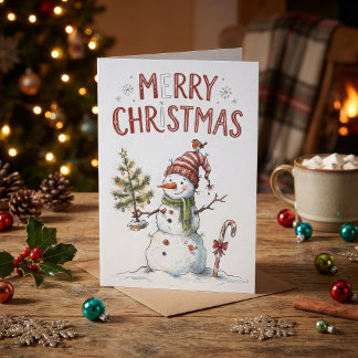 Cartão Natal Antigo Boneco de Neve Aquarela Rústico Verme