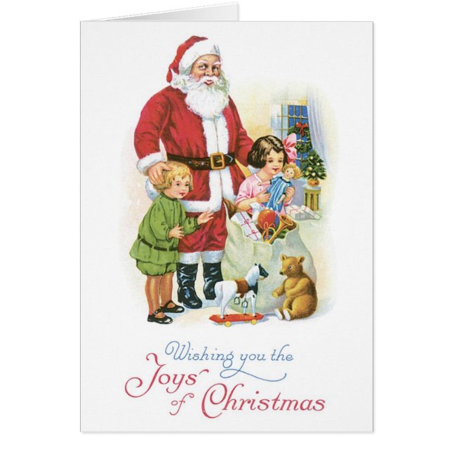 Cartão Natal antigo, Papais noeis com crianças (Frente)