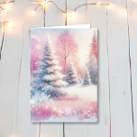 Cartão Natal bonito Pink Winter Wonderland<br><div class="desc">Bonito cartão de Natal rosa para o inverno. Uma floresta rosa com pinheiros cobertos de neve.</div>