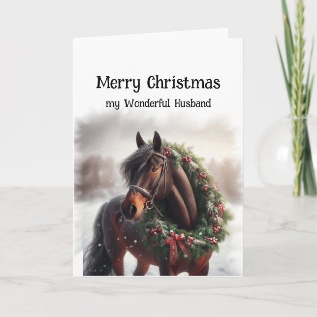Cartão Natal Brown Horse Maravilhosa Marido Wreath (Frente)