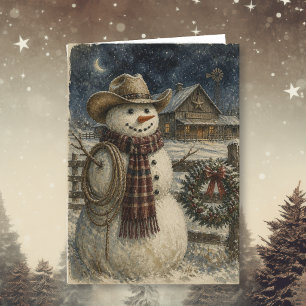 Cartão Natal Country e Western Boneco de Neve Cowboy