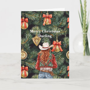 Cartão Natal Cowgirl Ruiva Ocidental Dourada