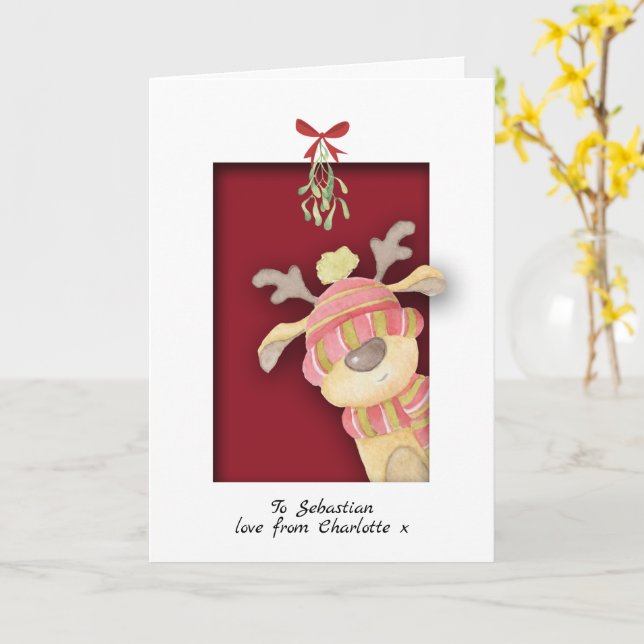 Cartão Natal Cute Renas Com Musgo de Natal (Flor Amarela)
