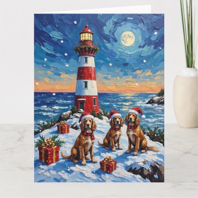 Cartão Natal da Brittany Spaniel com Farol de Férias (Frente)