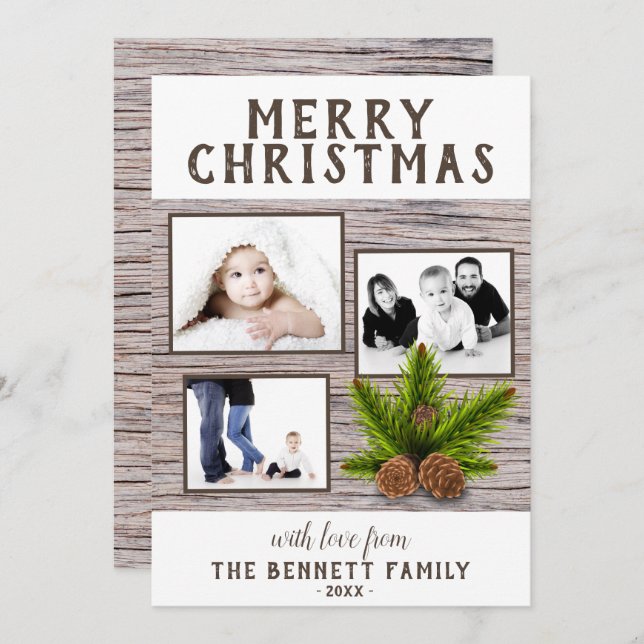Cartão Natal da Colagem de Fotos Rustic Wood Pine 3 (Frente/Verso)
