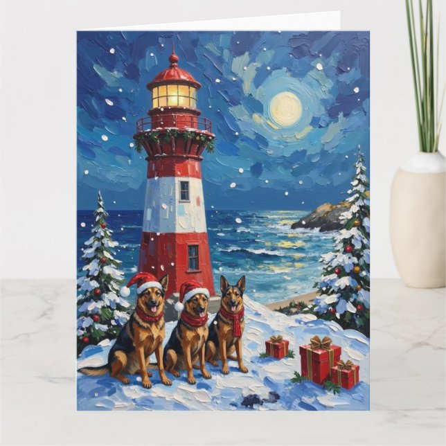 Cartão Natal da Ovelheiro Alemão Farol Férias (Frente)