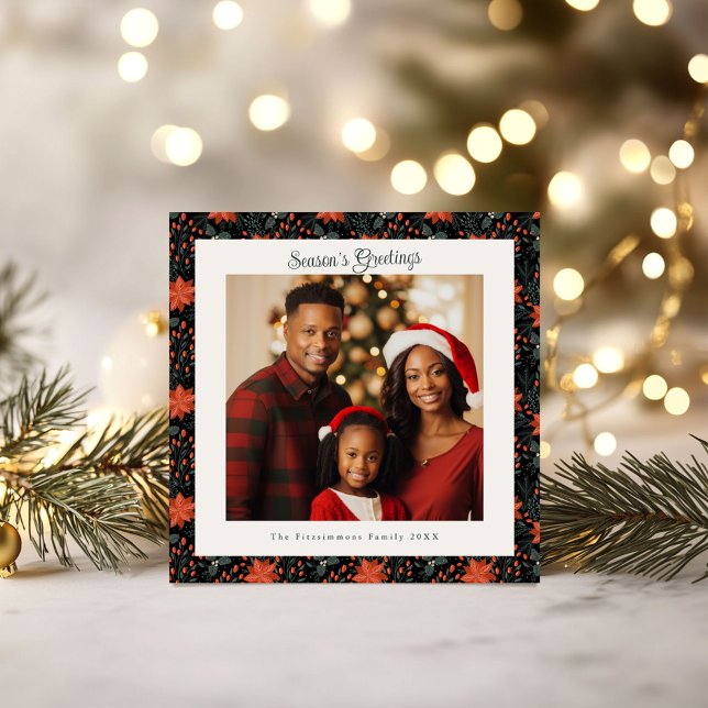 Cartão Natal da Poinsettia Negra Moderna (Poinsettia Season Square Christmas Card black)