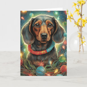 Cartão Natal Dachshund - Embalado em Luzes de Natal