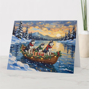 Cartão Natal de barco de Husky Siberiano no Natal