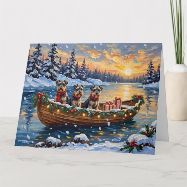 Cartão Natal de barco de Schnauzer no Natal (Frente)
