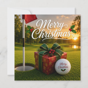Cartão Natal de golfe com bola de golfe em grama verde