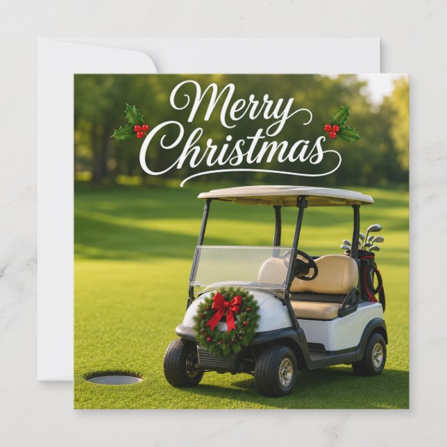 Cartão Natal de golfe com carrinho de golfe em grama verd (Frente)