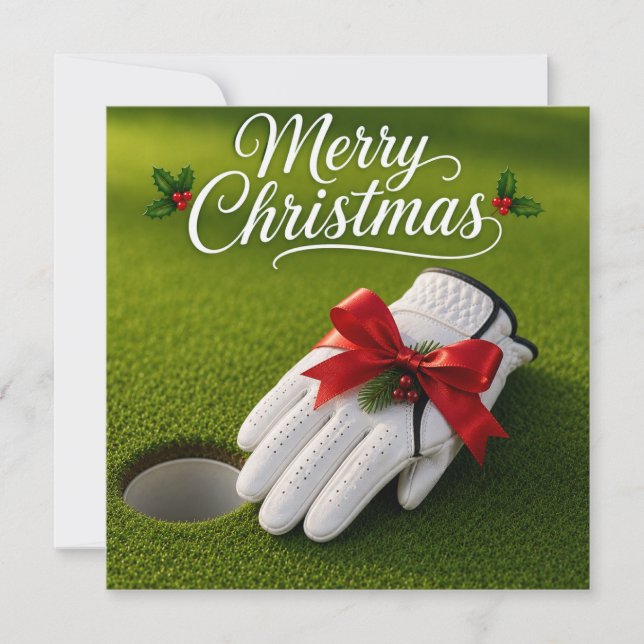 Cartão Natal de golfe com luva de golfe no verde  (Frente)