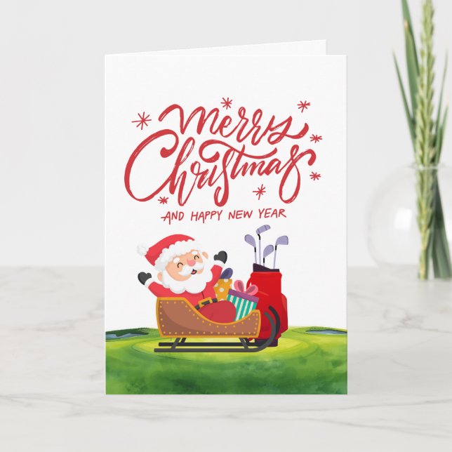 Cartão Natal de Golfe com Papai Noel no campo (Frente)