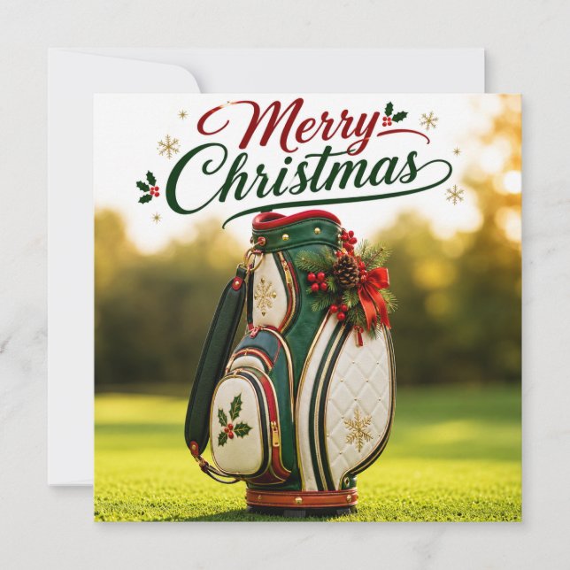 Cartão Natal de golfe com saco de Natal na grama verde  (Frente)