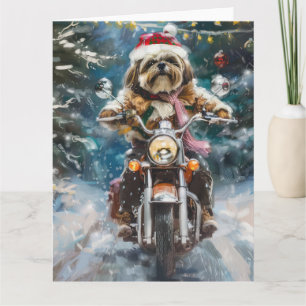 Cartão Natal de Motocicleta de Lhasa Apso