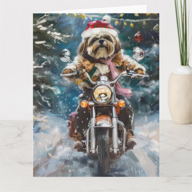 Cartão Natal de Motocicleta de Lhasa Apso (Frente)