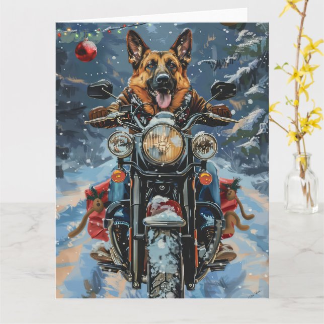 Cartão Natal de Motocicleta german shepherd (Flor Amarela)