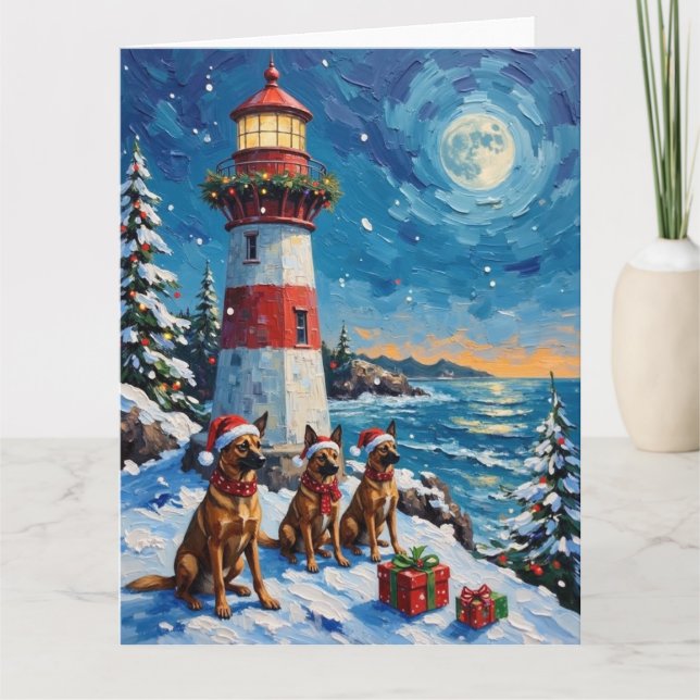 Cartão Natal do Farol de Natal com Malinois Belga (Frente)