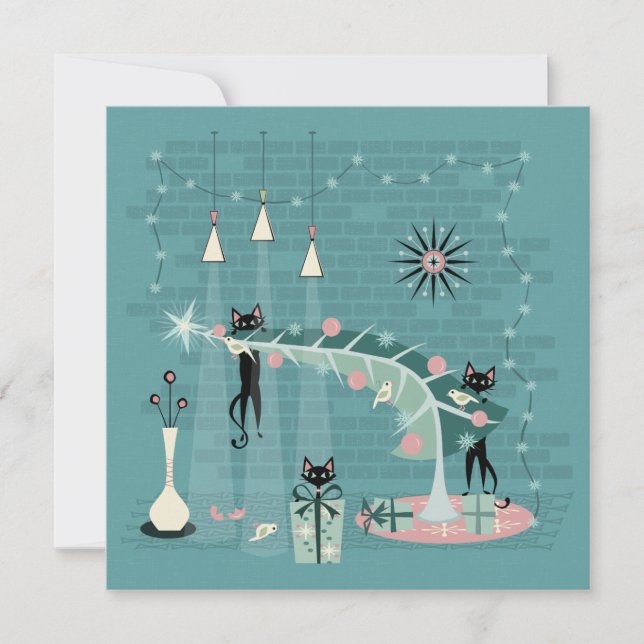 Cartão Natal do Gatinho Retro Naughn (Frente)