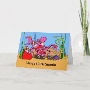 Cartão Natal do Papai Noel Lutando Contra um Polvo Alegre