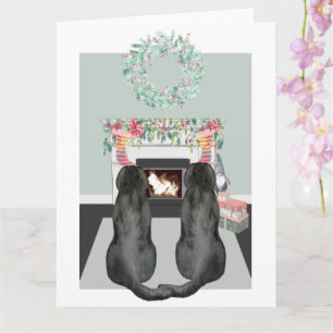 Cartão Natal Dois Labrador Negro Cães Cão Lareira Cena