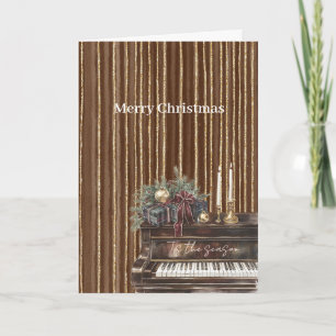Cartão Natal Elegante Piano Dourado Listras Castanhas