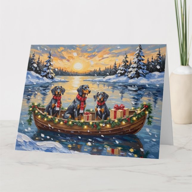 Cartão Natal em Barco com Bluetick Coonhound (Frente)