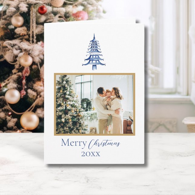 Cartão Natal em estilo Chinoiserie Pagode Azul 1-Foto (Chinoiserie Christmas Blue Pagoda 1-Photo Card)
