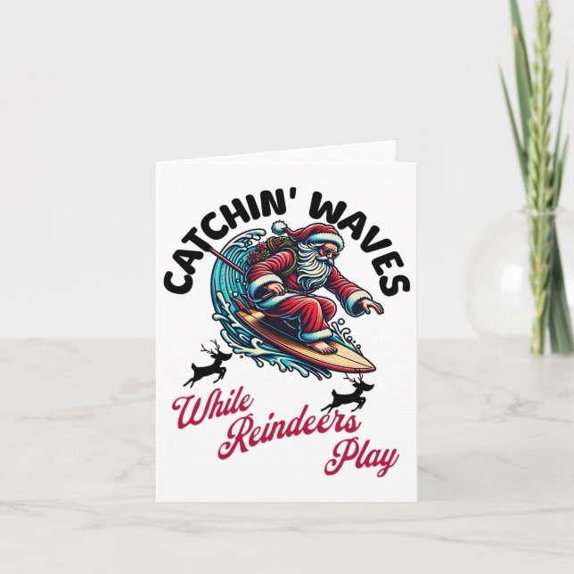 Cartão Natal Em Julho Surfando Santa Claus Summer Beach (Frente)