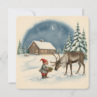 Cartão Natal Escandinavo Antigo Tomte e Rena
